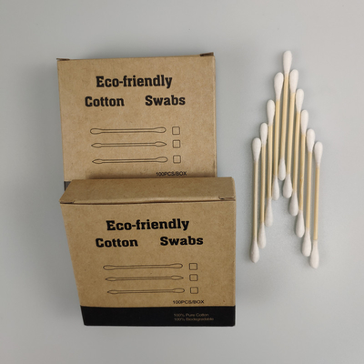 Kağıt Kutusunda ECO Biyobozunur Bambu Saplı Çift Kafa Pamuklu Çubuk